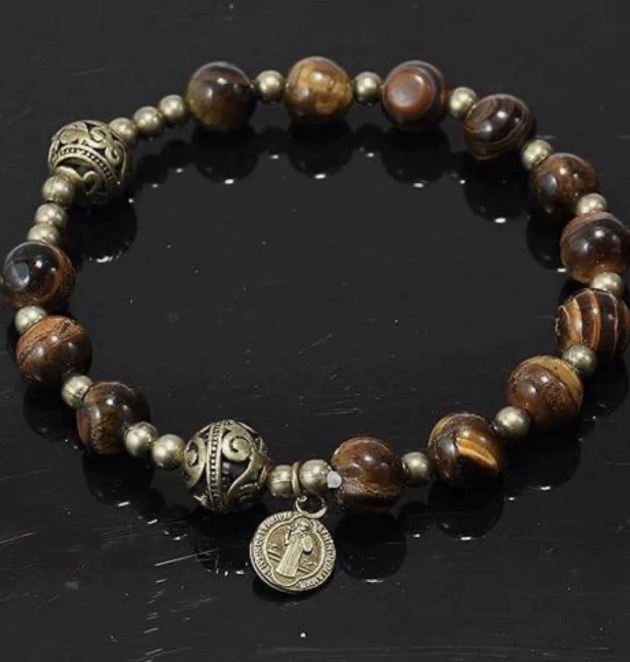 Tiger Eye Bracelet with Religious Medallion Charm