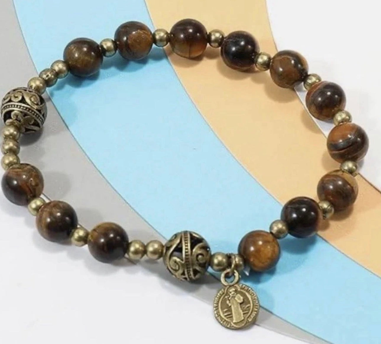 Tiger Eye Bracelet with Religious Medallion Charm