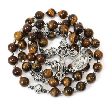 Brown Tiger Eye Rosary with Silver Miraculous Medal
