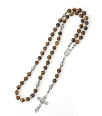 Brown Tiger Eye Rosary with Silver Miraculous Medal