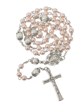 Pink Pearl Rosary with White Pearl Spacer Beads