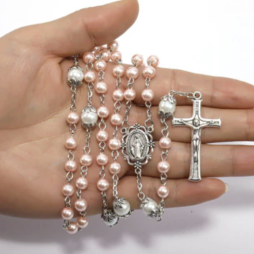 Pink Pearl Rosary with White Pearl Spacer Beads