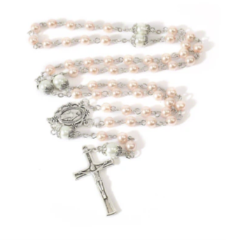 Pink Pearl Rosary with White Pearl Spacer Beads