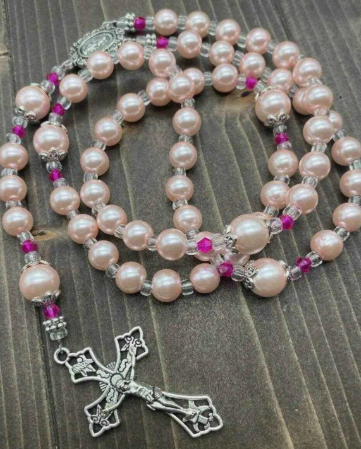 Traditional 5 Decade Hot Pink Pearl Glass Bead Rosary