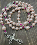 Traditional 5 Decade Hot Pink Pearl Glass Bead Rosary