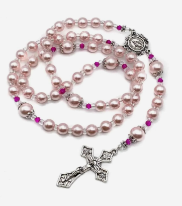 Traditional 5 Decade Hot Pink Pearl Glass Bead Rosary