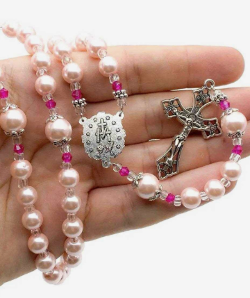 Traditional 5 Decade Hot Pink Pearl Glass Bead Rosary