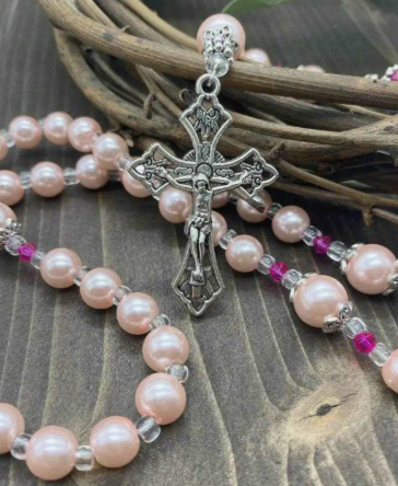 Traditional 5 Decade Hot Pink Pearl Glass Bead Rosary