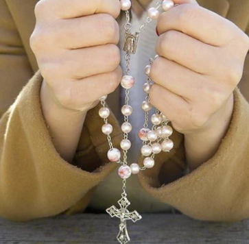 Traditional 5 Decade White Cream Flower Pink Pearl Rosary