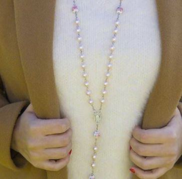 Traditional 5 Decade White Cream Flower Pink Pearl Rosary